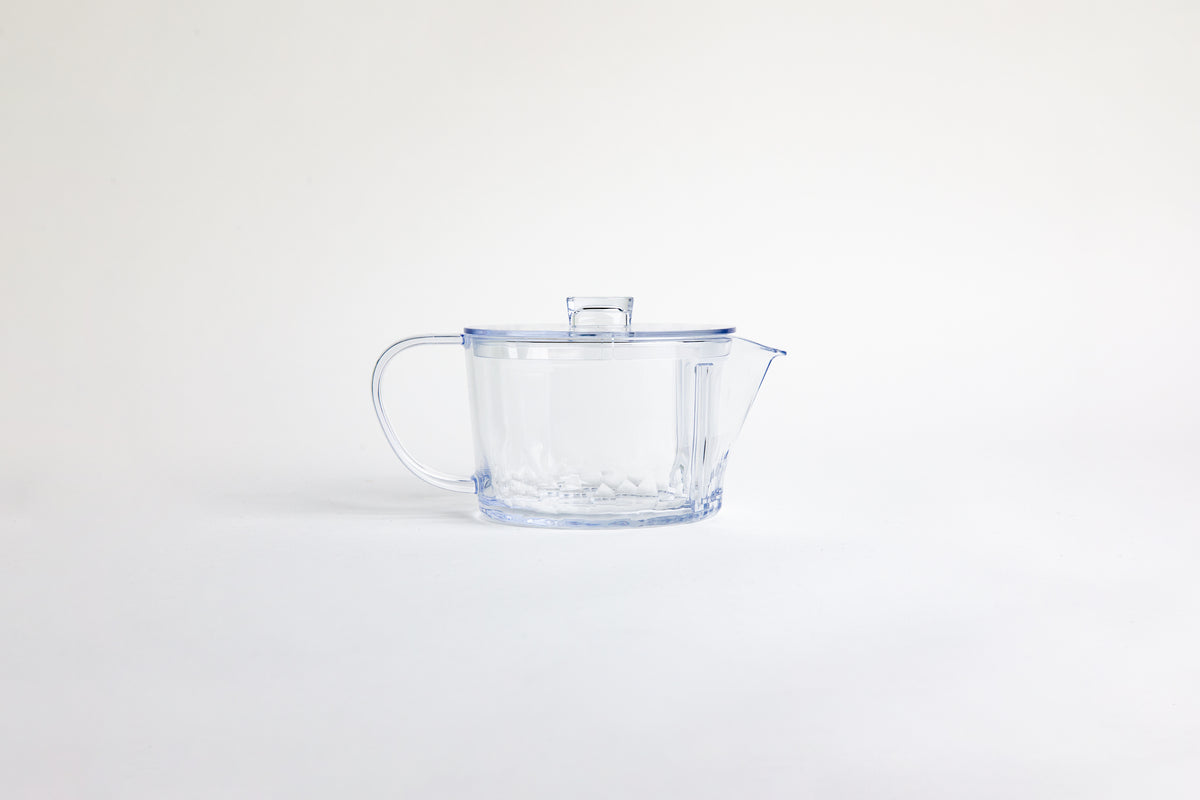 Clear ribbed clear plastic teapot with clear lid and clear handle. set on a white background