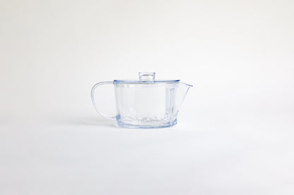 Clear ribbed clear plastic teapot with clear lid and clear handle. set on a white background