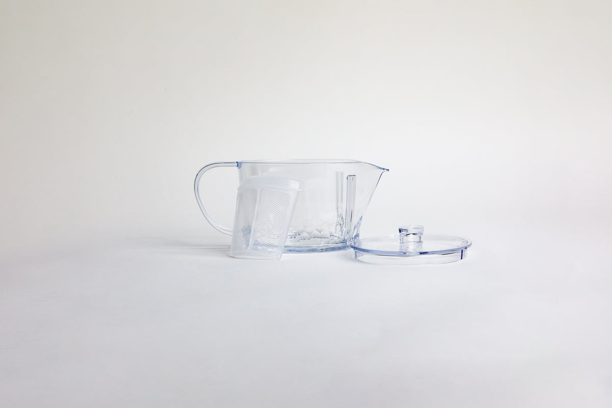 Clear ribbed clear plastic teapot with clear lid and clear handle with a removable filter set on a white background