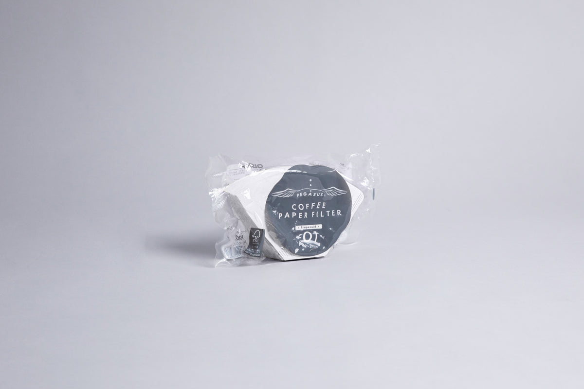 White flat bottom cone shaped paper filters in plastic bag with gray and white accents label. set against a light gray background.