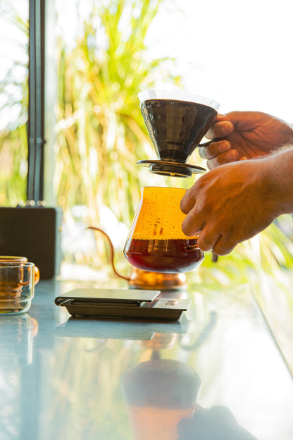 Pour over demonstration with Black HARIO V60 dripper and amber colored glass pitcher.