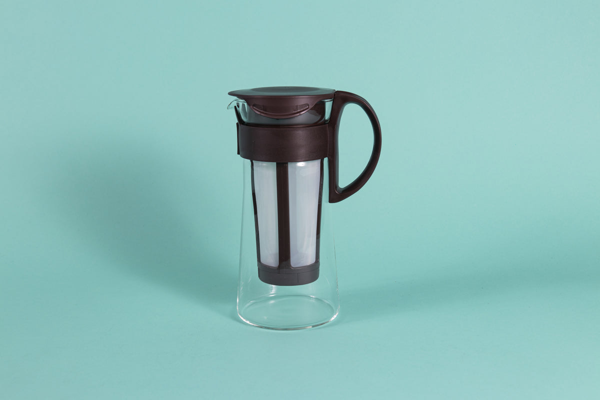 Short glass server with white nylon mesh coffee filter insert and chocolate brown plastic handle and lid.
